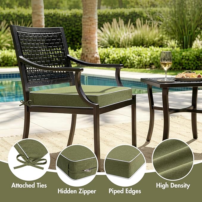 MIULEE Green Outdoor Chair Cushions Set of 2, 22x22x3 Inch Waterproof Patio Seat Cushions for Outdoor Furniture Couch Sofa, 3 Year Color Fastness High Density Foam with Adjustable Ties