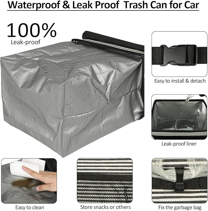 ELONGRIVER Car Trash Can for Car with Lid, Car Organizer Can Trash Bag Hanging Leak Proof Vehicle Trash Can (Stripe Print, 2 Gallons)