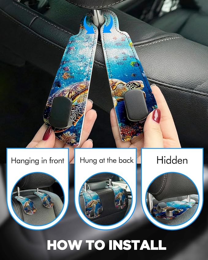 WOCOCN Purse Holder for Car, 2 Pack Heavy Duty Purse Hanger for Car, PU Leather Car Seat Hooks for Purses and Bags, Cute Turtle Headrest Organizer for Handbags & Backpacks