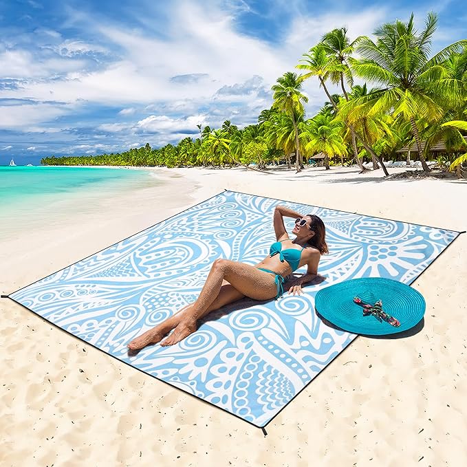 HIHOHO Beach Blanket Waterproof Sandproof Beach Mat 79”x 83” for 1-8 Adults Quick Drying Durable Outdoor Picnic Mat for Beach Festival Travel Camping Hiking (Flower Ripple-BL, 79"×83"(4 Person))