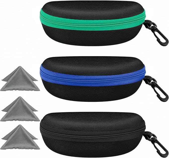 ZONLY 3 Pack Sunglasses Case Portable Travel Zipper Eyeglasses Case Hook With Cleaning Cloth