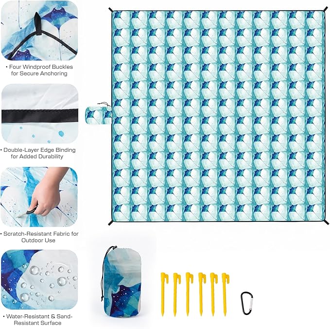 OIGAE 7x7ft Sandproof Beach Blanket - Large Waterproof Picnic Mat for 3-4 People, Lightweight Sand Free Mat for Summer Vacation with 6 Stakes & 4 Corner Pockets for Beach, Camping, Festivals