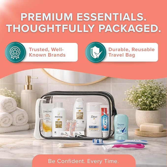 Bulk Women’s Hygiene Kits 15 Piece Travel Toiletry Kit with Shampoo Conditioner Body Wash Lotion Deodorant Razor Toothbrush Toothpaste Comb Flossers Swabs Bandages Wipes