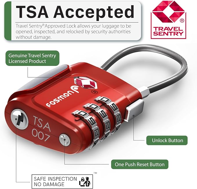 Fosmon TSA Accepted Cable Luggage Locks, (2 Pack) Re-settable Easy to Read 3 Digit Combination with Alloy Body and Release Button for Travel Bag, Suit Case & Luggage - Red