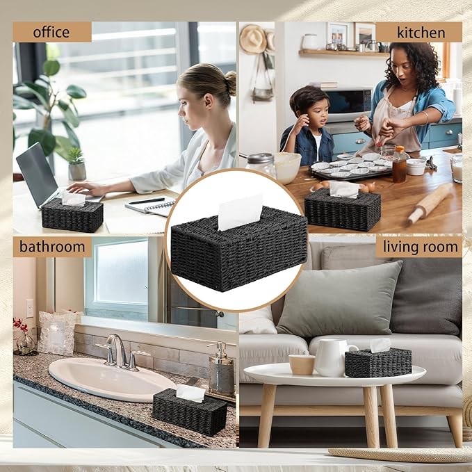 Black Tissue Box Cover Rectangle Natural Paper Rope Hand Woven Tissue Box Holder for Bathroom Living Room Bedroom Kitchen Table Desk Office Farmhouse Home Decor