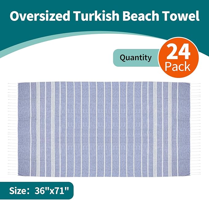 YSYJ 24 Pack Turkish Beach Towel 36"x71" Beach Towels Oversized Bath Towels Sand Free Quick Dry Turkish Towel Bulk Extra Large Pool Blanket Navy