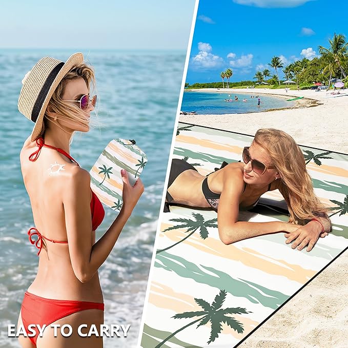 HIHOHO Beach Blanket Waterproof Sandproof Beach Mat 79”x 83” for 1-8 Adults Quick Drying Durable Outdoor Picnic Mat for Beach Festival Travel Camping Hiking (Stripes Cocotree-YL&GN, 79"×83"(4 Person))