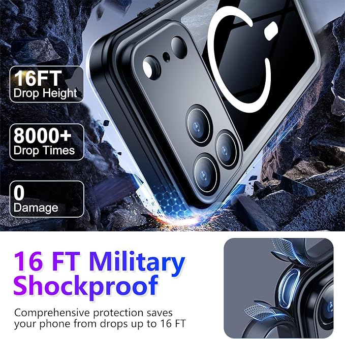 Magnetic Compatible with iPhone 17 Pro Case,Waterproof Built-in Screen & Camera Protector IP68 Underwater Full Body 17FT Military Dropproof Shockproof Phone Case 6.3"-Mag/Black
