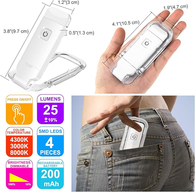 HONWELL Rechargeable Clip On LED Book Light, 3 Brightness Levels Dimmable Bookmark Light for Eye-Protection, Portable Reading Lamp for Bookworms, Travel (White)