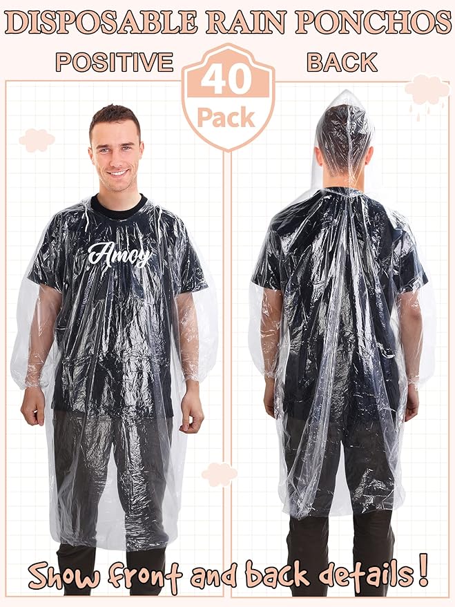40 Pack Disposable Rain Ponchos for Adults Disposable Ponchos Pack with Drawstring Hood Elastic Sleeves Raincoat for Camping