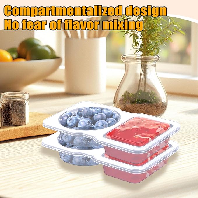 20 Pack Reusable Snack Containers with Lids - Double Compartment Condiment Snack Pack Containers with 20 Forks, Microwave Safe Portion Control Containers for Meal Prep, Take-out, Party & Travel