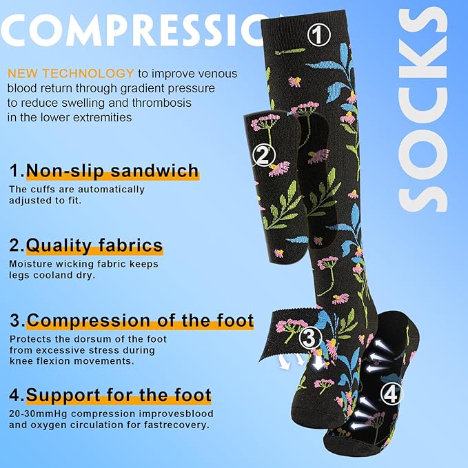 cerpite Compression Socks for Women & Men 6 Pairs Knee High Compression Socks 20-30 mmhg Best for Running,Nurse,Travel