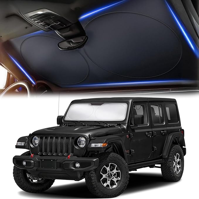 Autovir Windshield Sun Shade for Jeep – Fits Wrangler, Gladiator, Renegade, Sahara & Rubicon, 280T Front Window Shade, UV Sun Visor Protection Blocker Heat Shield, Jeep Accessories