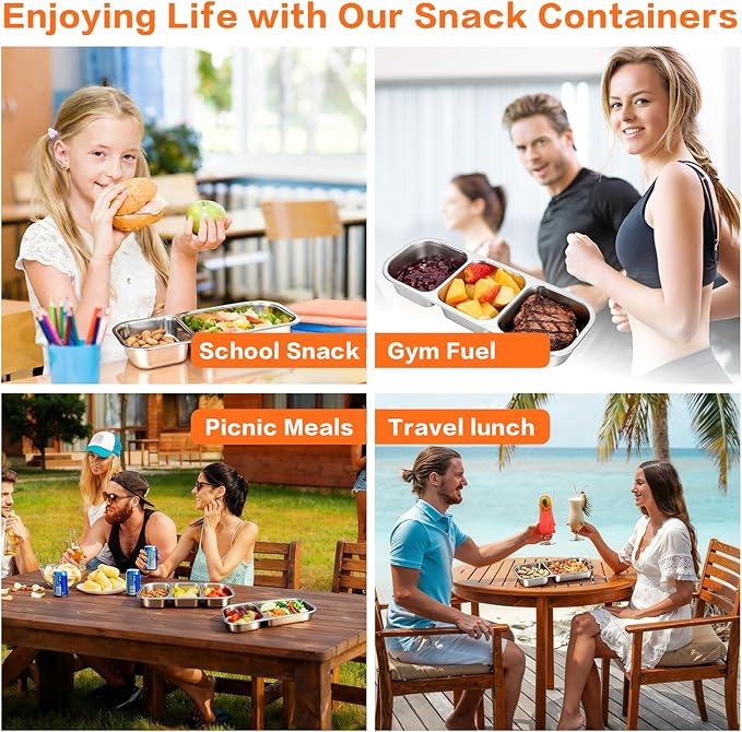 4 Pack Stainless Steel Lunch Containers with Lids, 2-Compartments Snack Container & Lunch Box, Reusable Clear Lid Snack Containers Set, Meal Prep Lunch Box (24 oz / 700ml)