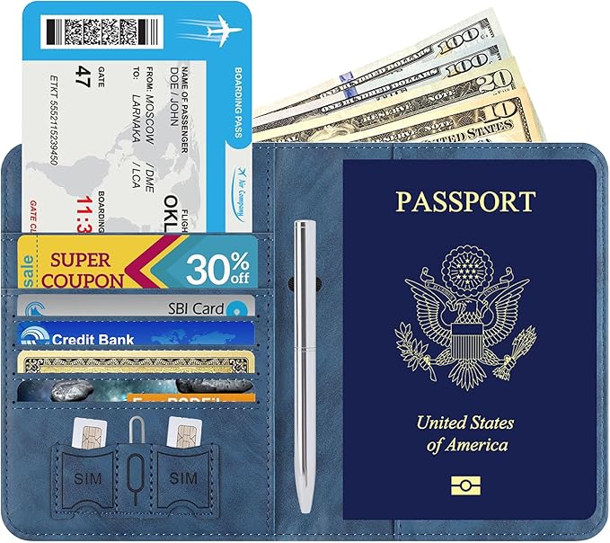 Passport Holder for Travel Essentials Wallet Rfid Blocking Cover Leather Case Vacation Travel Accessories for Women Men (602#Blue)