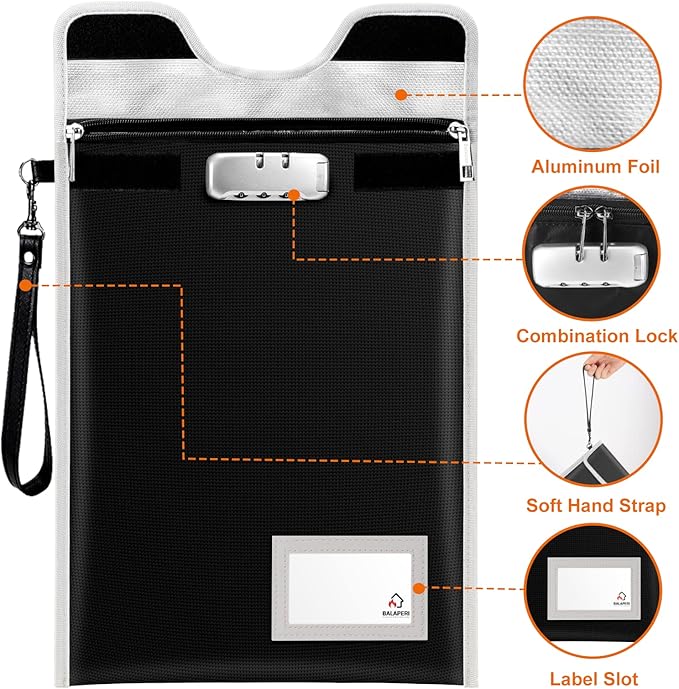 BALAPERI Fireproof Document Bag, 15'x11', A4/A5/Letter/Legal Size, Locking Money Bag with Combination Lock, Water Resistant, Black, Classic Style