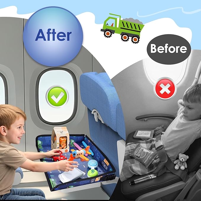 Kids Tray Table Cover, Airplane Tray Cover with Pockets, Airplane Travel Essentials for Kids, Portable Airplane Must Haves for Toddler on Plane or Train and Flying Supplies (Dark Blue)