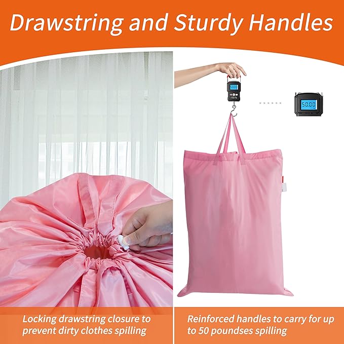 Polecasa Extra Heavy-Duty Laundry Bag 28x36”- Machine Washable Large Storage Bag with Reinforced Handles & Drawstring Closure & ID Tag for College Dorm Travel - Pink