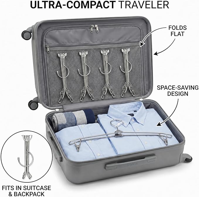 5 Pack Silver Travel Hangers with Clips, Portable Stainless Steel Folding Clothes Hangers with Windproof Hook, Heavy Duty Non-Slip Space Saving Hangers for Cruise Essentials, Camping, Hotel