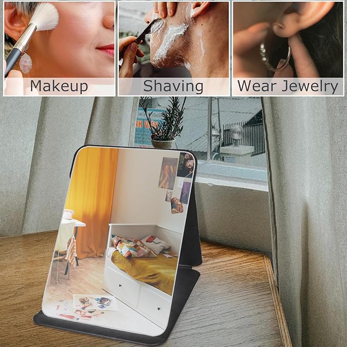 Makeup Mirror, 7x10 Inches Portable PU Leather Mirror, Folding Desktop Vanity Mirror with Adjustable Stand for Vanity Table, Office, Travel (L, Black)