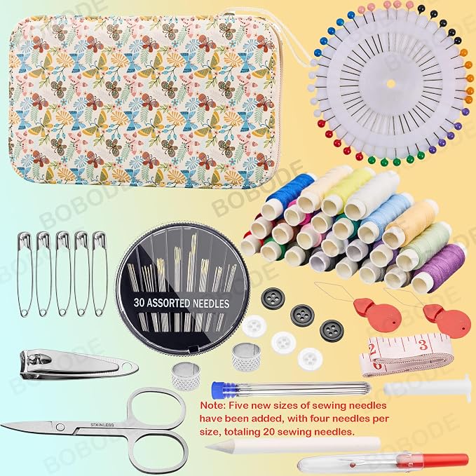 Bobode 130 PCS Professional Printing Sewing Kit | Butterfly Pattern Travel Sewing Kit for Adults, Sewing Supplies Accessory for Beginners & Emergency