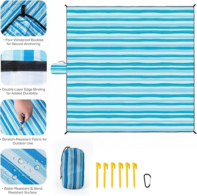 OIGAE Oversized Beach Blanket, 9×10 ft Sand-Free Outdoor Mat for Groups, Quick-Dry Picnic Blanket with Stakes & Corner Pockets, Blue Wave Stripes