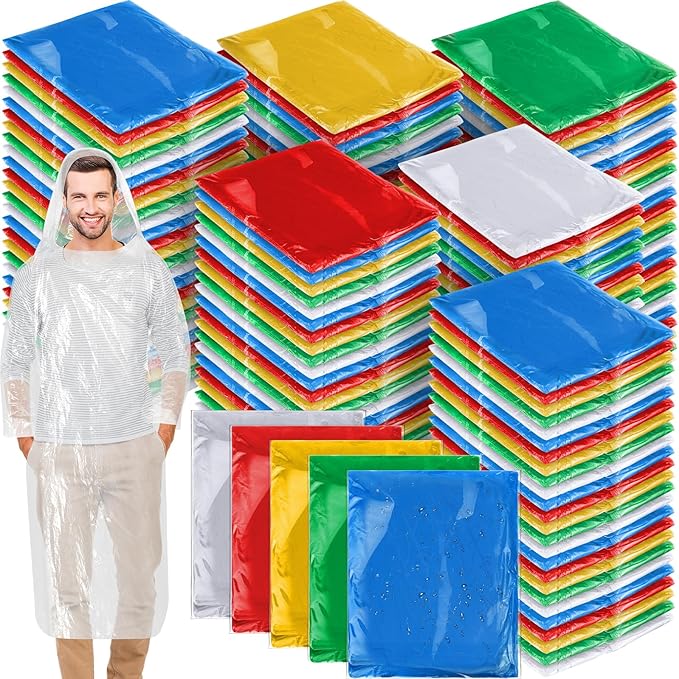 Handepo 150 Pack of Adult Rain Ponchos with Hood, Disposable Rain Ponchos, Plastic Raincoat Poncho for Adult Homeless