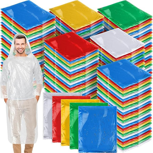 Handepo 150 Pack of Adult Rain Ponchos with Hood, Disposable Rain Ponchos, Plastic Raincoat Poncho for Adult Homeless
