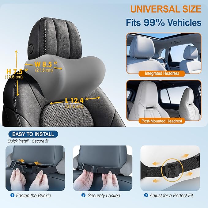 2-Pack Car Neck Pillow: Ergonomic Memory Foam Car Headrest Pillow, Neck Support Pillow for Long Drives, Headrest Support Cushion for Pain Relief, Universal Fit for Cars, SUVs & Trucks – Gray