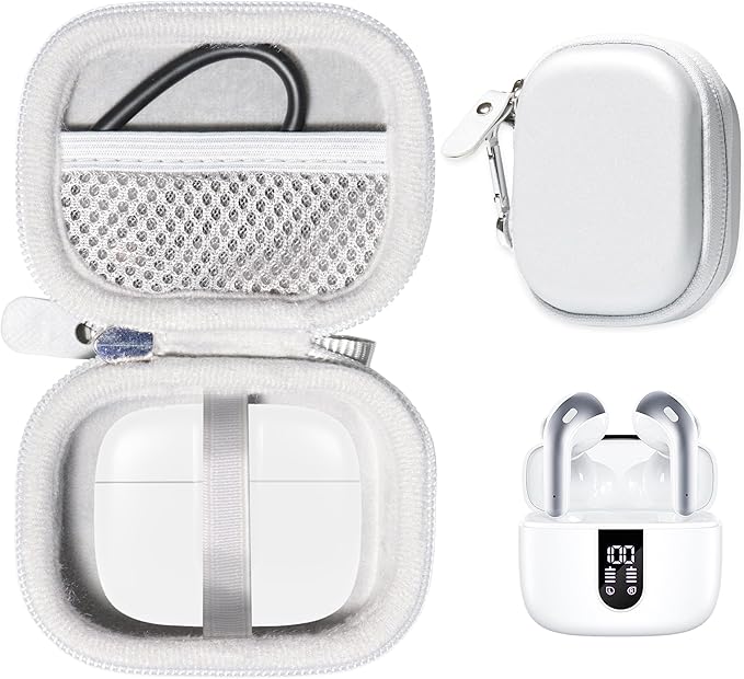 Case for TAGRY X08 Bluetooth Headphones True Wireless Earbuds 60H, mesh Pocket for Charge Cable (White)