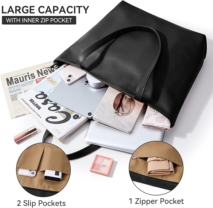 WLLWOO Soft Vegan Leather Tote Bag for Women Large Casual Hobo Handbags Zipper Shoulder Work Daily Weekender Travel Purse