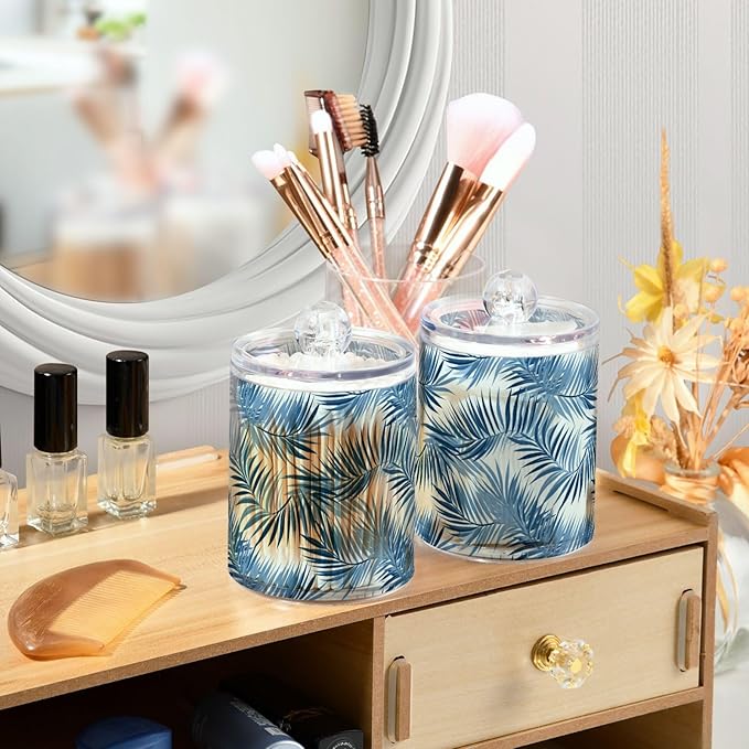 2 Pack Qtip Holder Organizer Dispenser Blue Tropical Leaves Bathroom Storage Canister Cotton Ball Holder Container for Cotton Pads/Swabs/Floss
