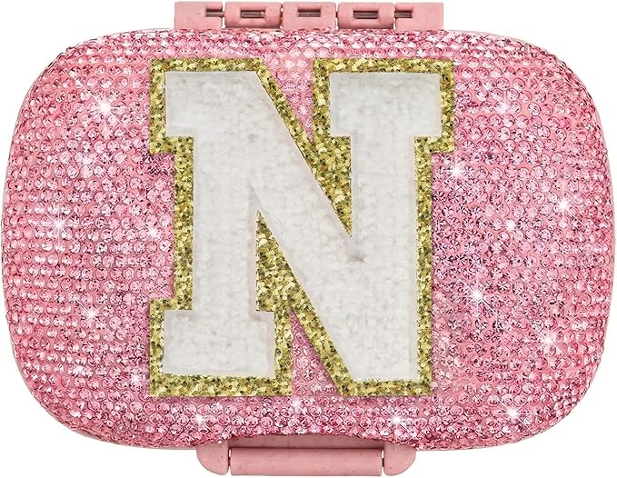 Cute Pill Organizer Small Bling Pill Case for Purse Medicine Vitamin Container Holder Daily Pill Box Container for Women Travel Medicine Kit(Letter N Pink)