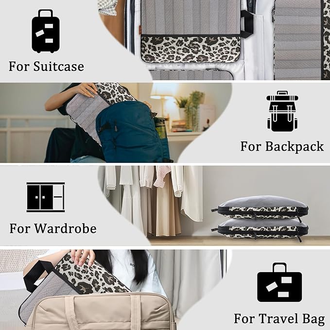 U+U 4 Set Compression Packing Cubes - Ultralight Travel Organizers, Space-Saving Suitcase Organizer, Expandable Packing Organizers for Travel Essentials (Leopard)
