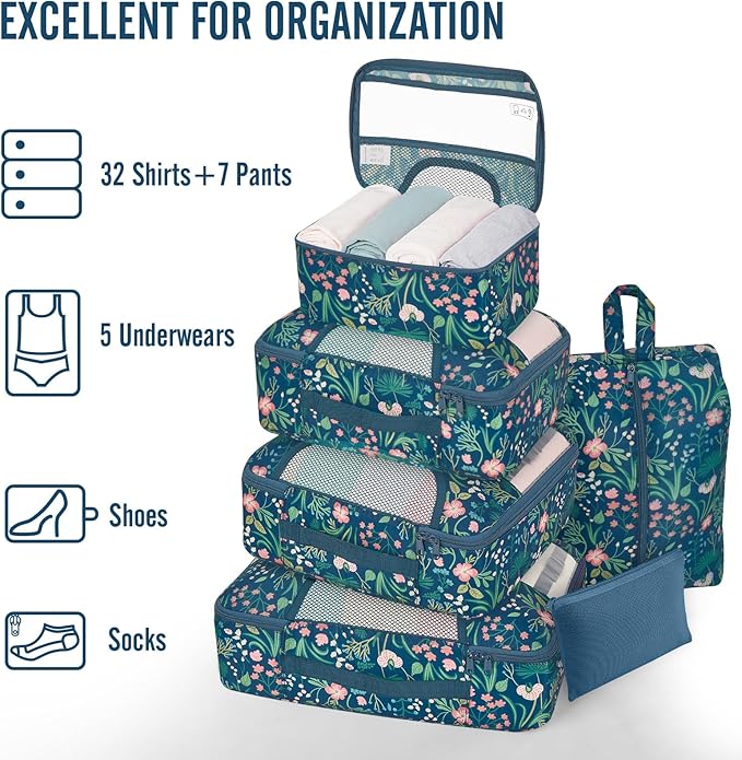 Veken 8 Set Packing Cubes for Travel Essentials,Anti-Wrinkle Buckled Suitcase Organizer for Shoe & Toiletry Bag,Carry On Luggage Bag for Airplane & College Dorm Room Accessories,Women Men Gifts