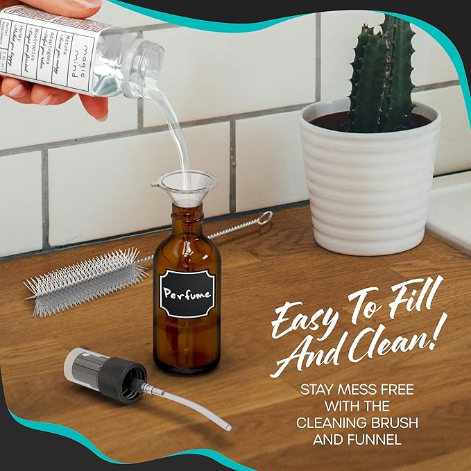 Nevlers Amber Glass Spray Bottles Small 1 Oz 48 PK | Mini Spray Bottle Set w/Amber Bottles, Shrink Wrap, Labels, Marker, Funnel & Brush | Travel Size Mist Bottle For Use as Oil Mister & Hair Mister