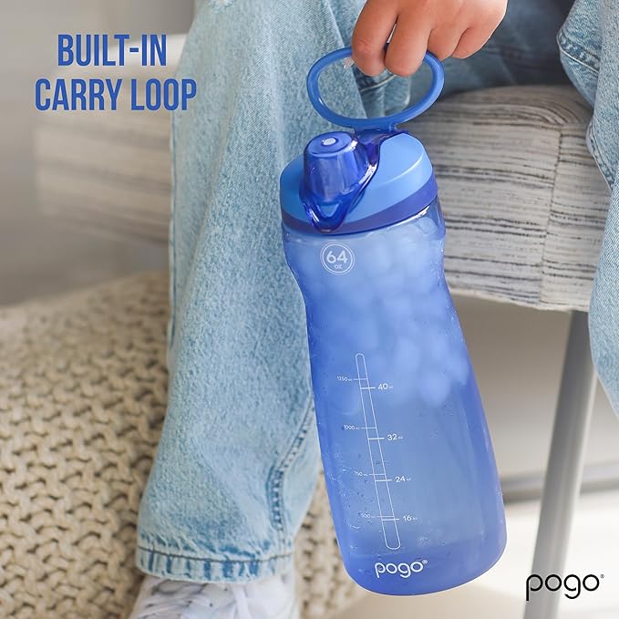 Pogo 64oz Plastic Water Bottle with Leak-Proof Chug Lid and Carry Handle, Reusable, BPA Free, Capacity Markings, Dishwasher Safe, Perfect for Travel, School, Outdoors, and Gym, Blue