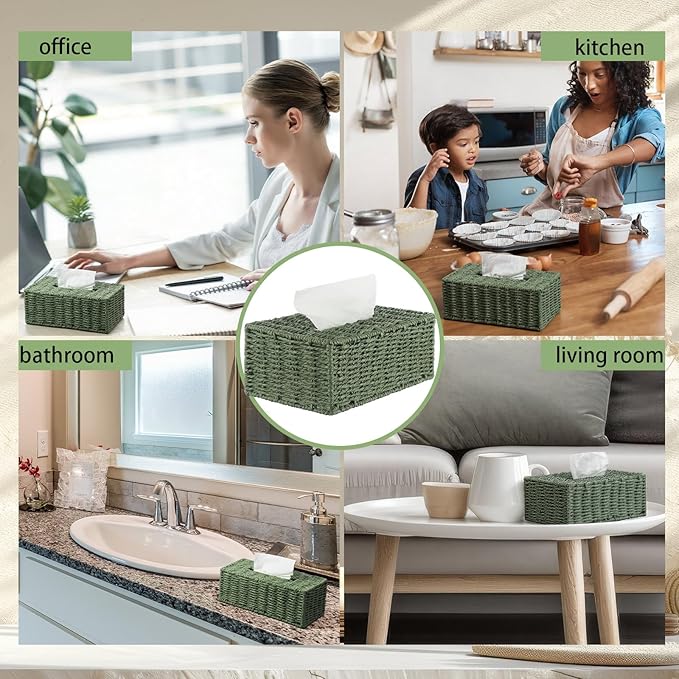 Sage Green Tissue Box Cover Rectangle Natural Paper Rope Hand Woven Tissue Box Holder for Bathroom Living Room Bedroom Kitchen Table Desk Office Farmhouse Home Decor