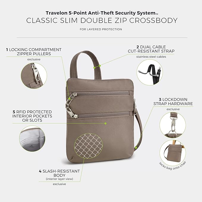 Travelon Anti-theft Classic Slim Double Zip Crossbody