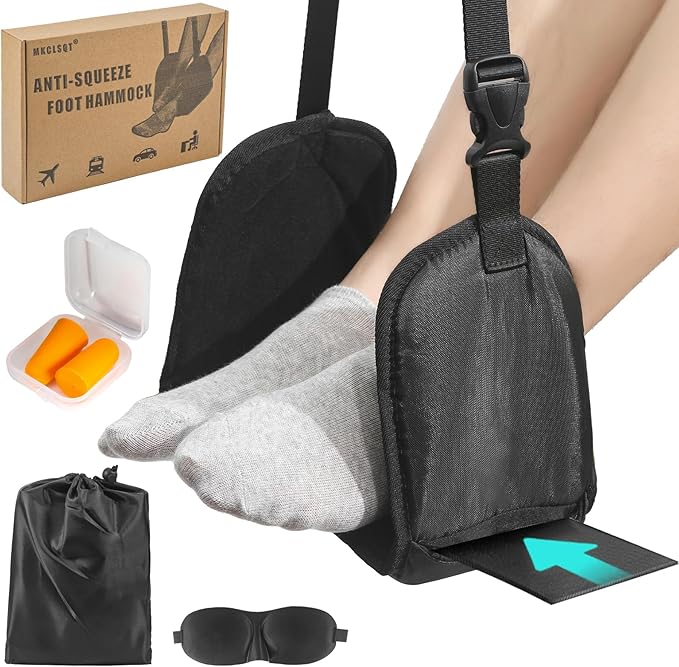 Foot Hammock for Plane Travel - Anti-Squeeze Airplane Foot Rest, Portable Foot Sling for Long Flight with Support Board/Memory Foam, Footrest Leg Rest for Air Travel Accessories Must Haves, 1 Pack