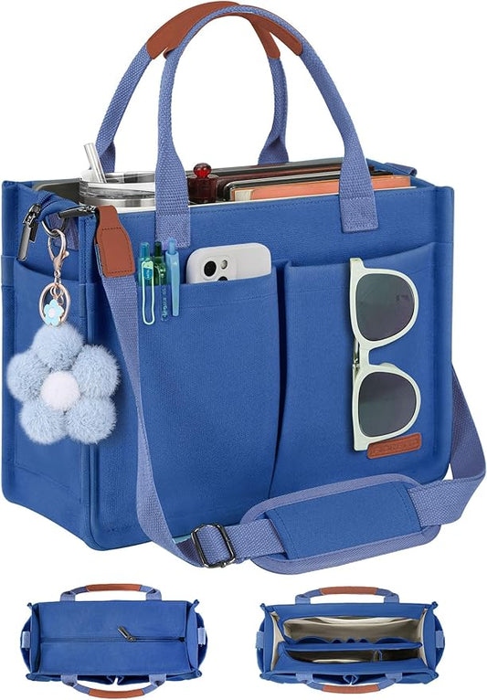 FIORETTO Womens Canvas Tote Bag Purse with Individual Compartment, Zipper Top, Reinforced Bottom & Luggage Sleeve