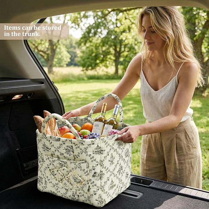 Floral Fabric Storage Basket Car Interior Storage Basket Underwear Sundries Laundry Baskets Supplies Home Organizer Bag (Green)