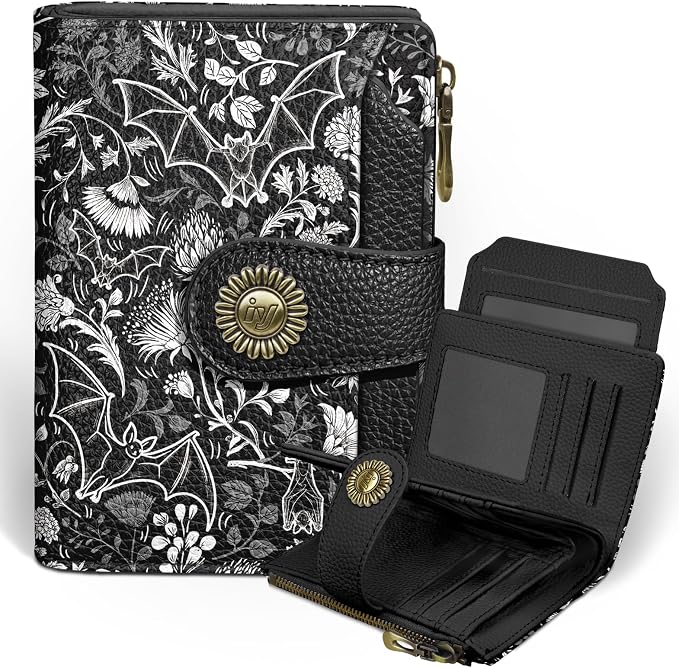 Icycay Goth Gothic Bat Small Wallet Women RFID Blocking Bifold, Credit Card Holder, Zipper Coin Pocket, PU Leather, Funny, Compact, Travel, 4 ID Window, 14 Card Slots, Cash Purse, Ladies Woman Female
