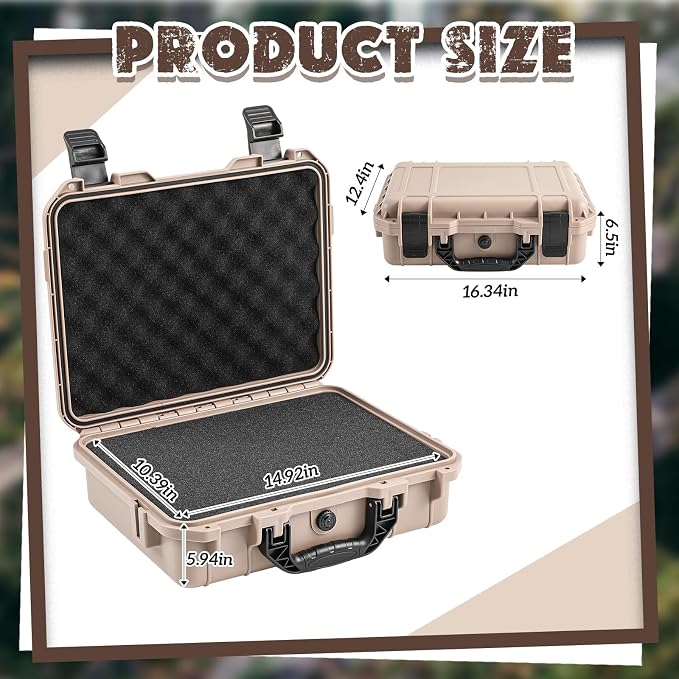 Relaxweex 1 Pcs Waterproof Hard Case with DIY Customizable Foam Insert Portable Protective Case with Knife for Camera Drones Equipments Tools Test Instruments(Tan,16.3 x 12.4 x 6.5 Inch)