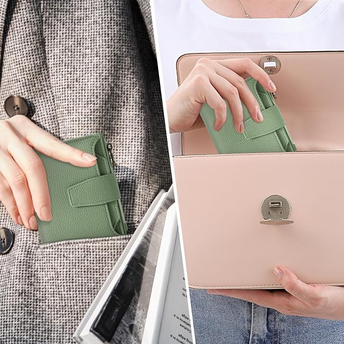 Airkit Small Wallet Women RFID Blocking Soft Leather Bifold Compact Card Holder Wallet for Women with Zipper Coin Pocket 4 ID Window