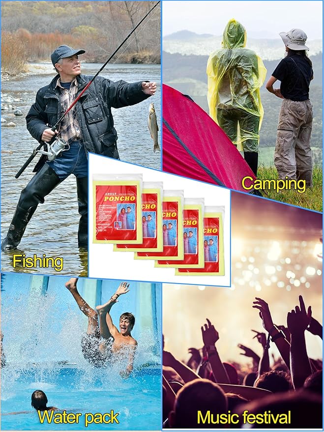 40 Pack Disposable Rain Ponchos for Adults Disposable Ponchos Pack with Drawstring Hood Elastic Sleeves Raincoat for Camping