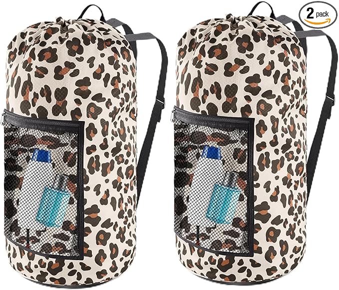Olosar Laundry Bag Backpack, 2PCS Extra Large Travel Laundry Bag with Mesh Pocket & Adjustable Shoulder Straps,Dirty Clothes Travel Bag for College Students Dorm,Apartment(Leopard Print)