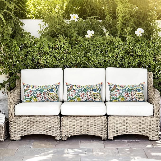 LVTLVTXIII 12×20 Inch Outdoor Lumbar Pillows, Pack of 2 Water Repellent Lumbar Pillow with Inserts, Fluffy Decorative Garden Lumbar Cushions for Home Patio Coach Sofa Use, Paradise Paisley