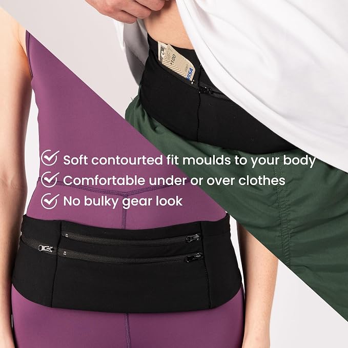 StashBandz Running Belt with Water Bottle Pocket – Adjustable No-Bounce Waist Pack, 3 Zippered Pockets & Key Clip, Sports Fanny Pack & Travel Money Belt, Fits Any Size Phone, Passport & More