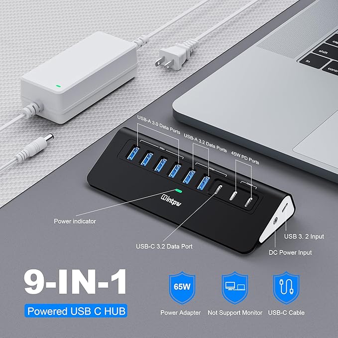 Powered USB Hub 10Gbps, intpw YH6AC 9-Port USB HUB with USB A/USB C 3.2, 4 USB 3.0, 2 PD 45W Charging Port, 65W Power Adapter + 5FT Cable, Aluminum USB Hub for Laptop, PC,iPhone 17/16